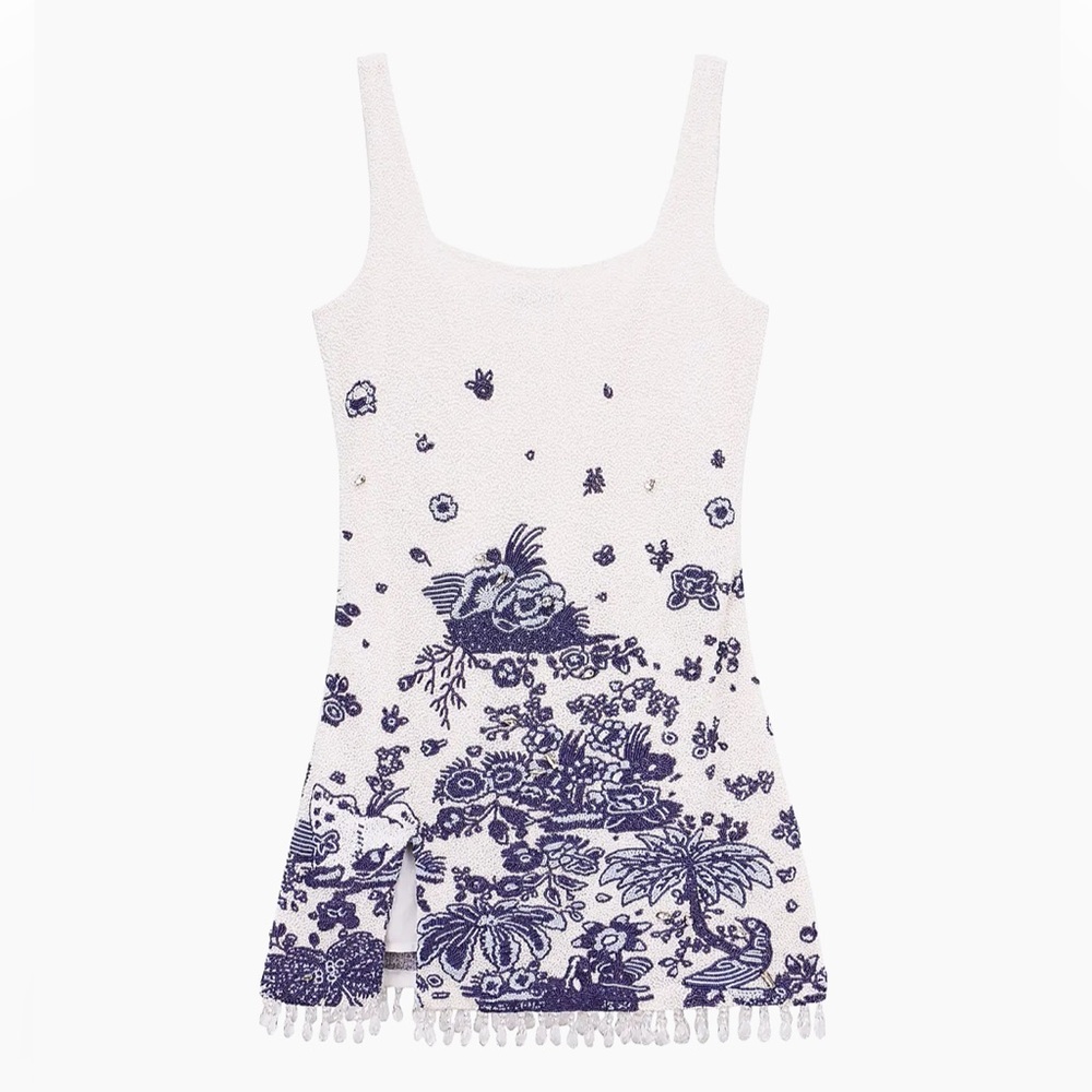 STAUD Le Sable Dress Blue Toile Beaded Dress - size Small